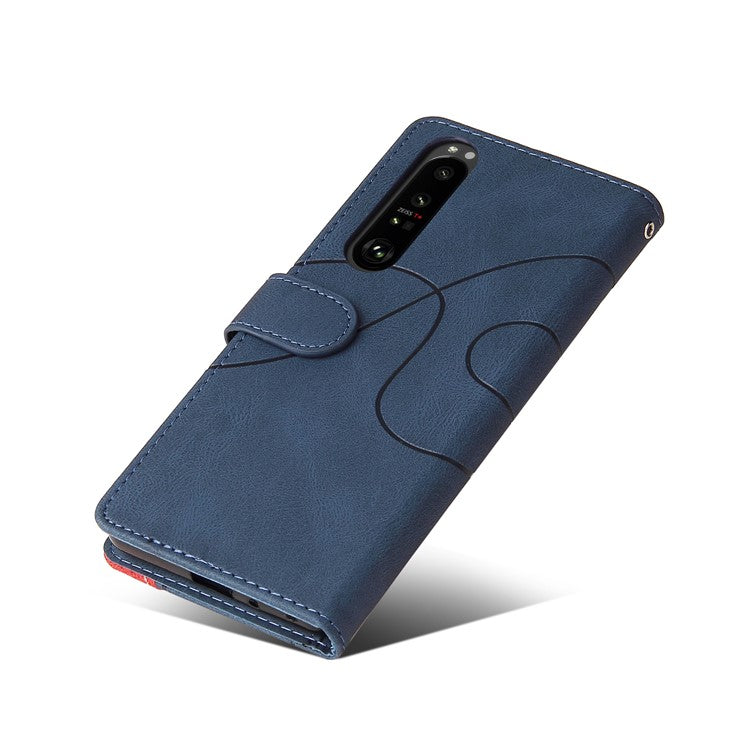 KT Leather Series-1 Bi-color Splicing Style Leather Wallet Phone Cover with Handy Strap for Sony Xperia 1 III 5G - Blue