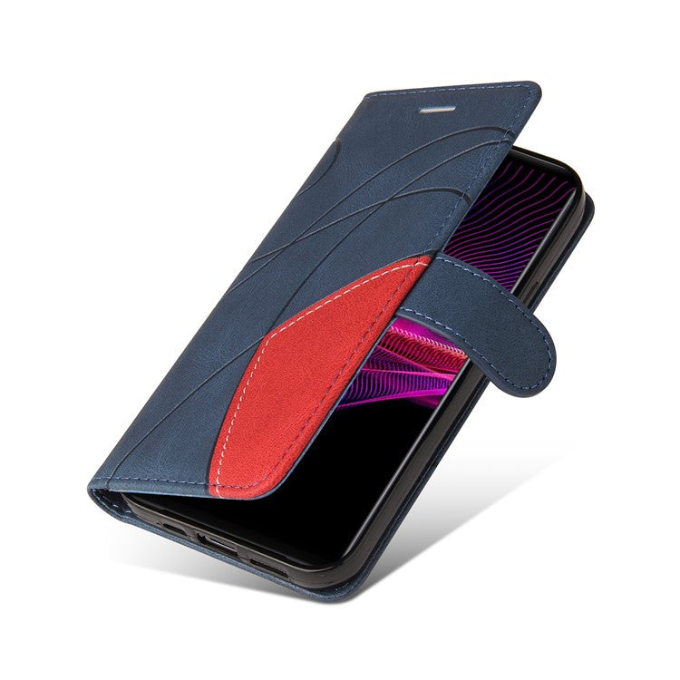 KT Leather Series-1 Bi-color Splicing Style Leather Wallet Phone Cover with Handy Strap for Sony Xperia 1 III 5G - Blue