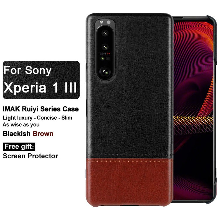 IMAK Ruiyi Series Bi-Color PU Leather + PC Phone Case Cover with Screen Protector for Sony Xperia 1 III 5G - Black / Brown