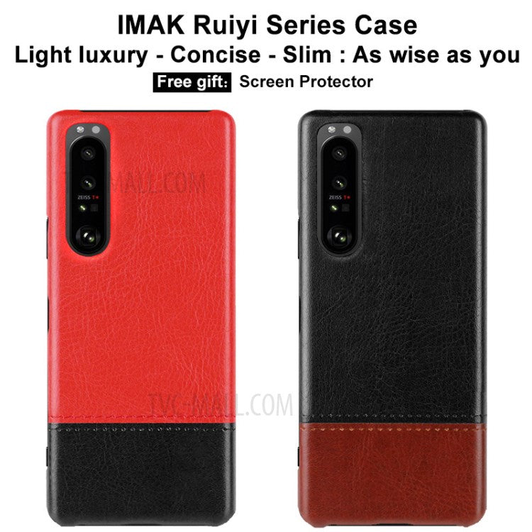 IMAK Ruiyi Series Bi-Color PU Leather + PC Phone Case Cover with Screen Protector for Sony Xperia 1 III 5G - Red / Black