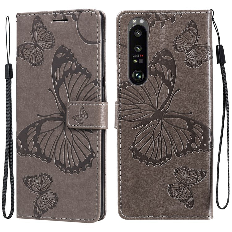 Wallet Design KT Imprinting Flower Series-2 Butterflies Pattern Imprinting Leather Case with Stand for Sony Xperia 1 III 5G - Grey