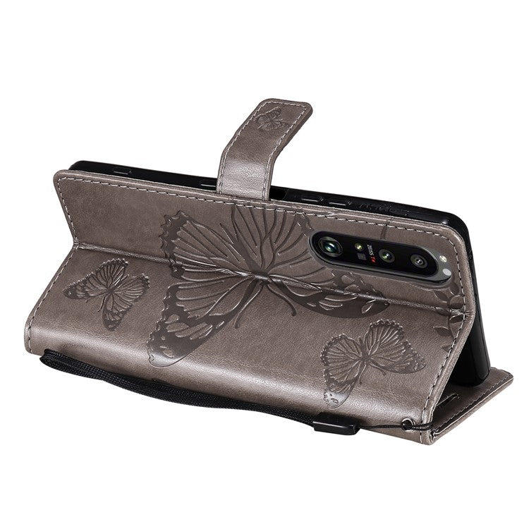 Wallet Design KT Imprinting Flower Series-2 Butterflies Pattern Imprinting Leather Case with Stand for Sony Xperia 1 III 5G - Grey