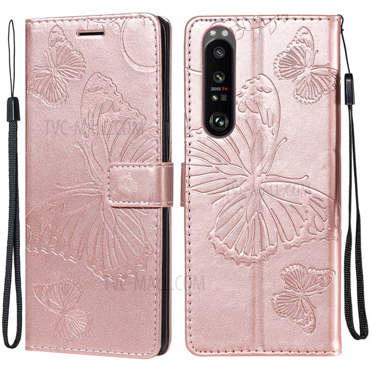 Wallet Design KT Imprinting Flower Series-2 Butterflies Pattern Imprinting Leather Case with Stand for Sony Xperia 1 III 5G - Rose Gold