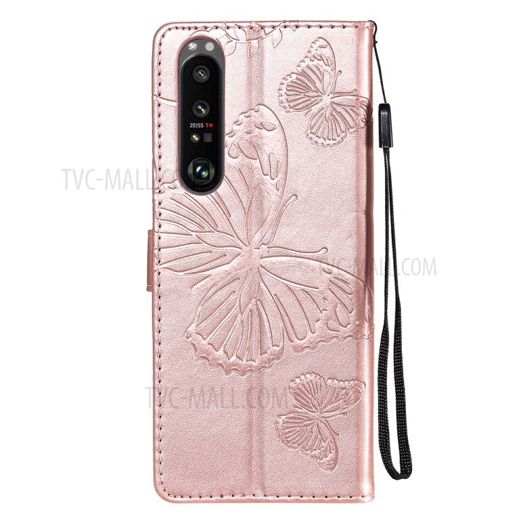 Wallet Design KT Imprinting Flower Series-2 Butterflies Pattern Imprinting Leather Case with Stand for Sony Xperia 1 III 5G - Rose Gold