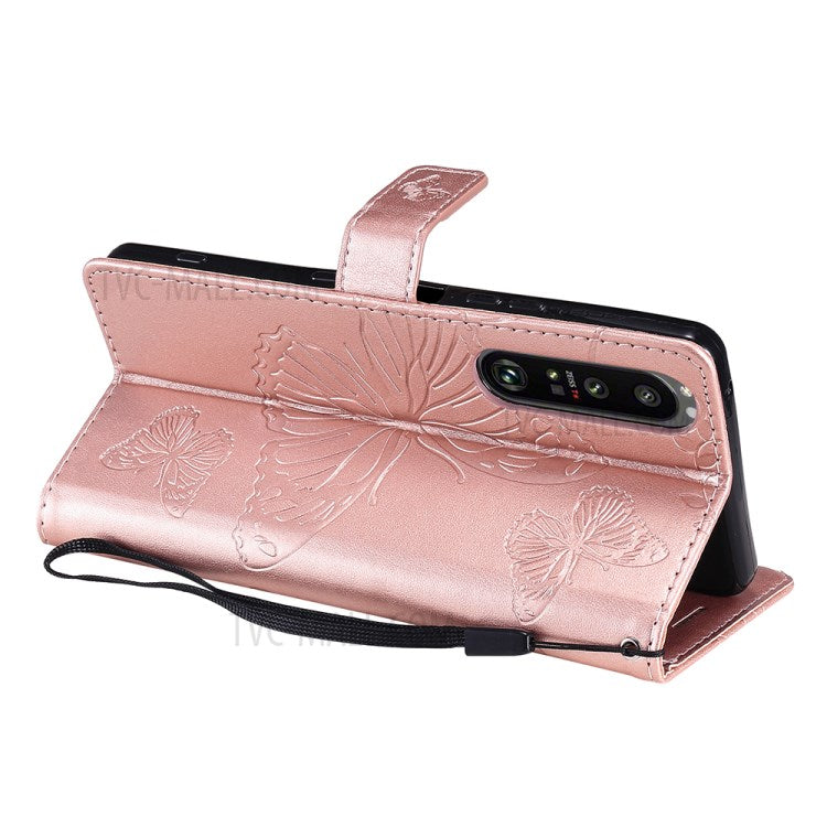 Wallet Design KT Imprinting Flower Series-2 Butterflies Pattern Imprinting Leather Case with Stand for Sony Xperia 1 III 5G - Rose Gold