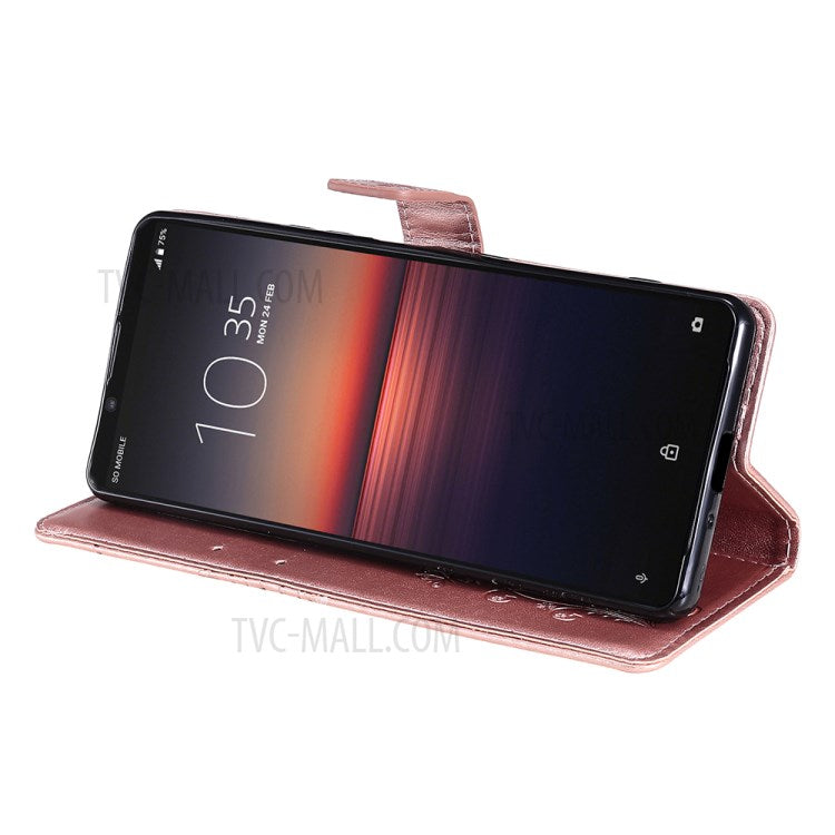 Wallet Design KT Imprinting Flower Series-2 Butterflies Pattern Imprinting Leather Case with Stand for Sony Xperia 1 III 5G - Rose Gold