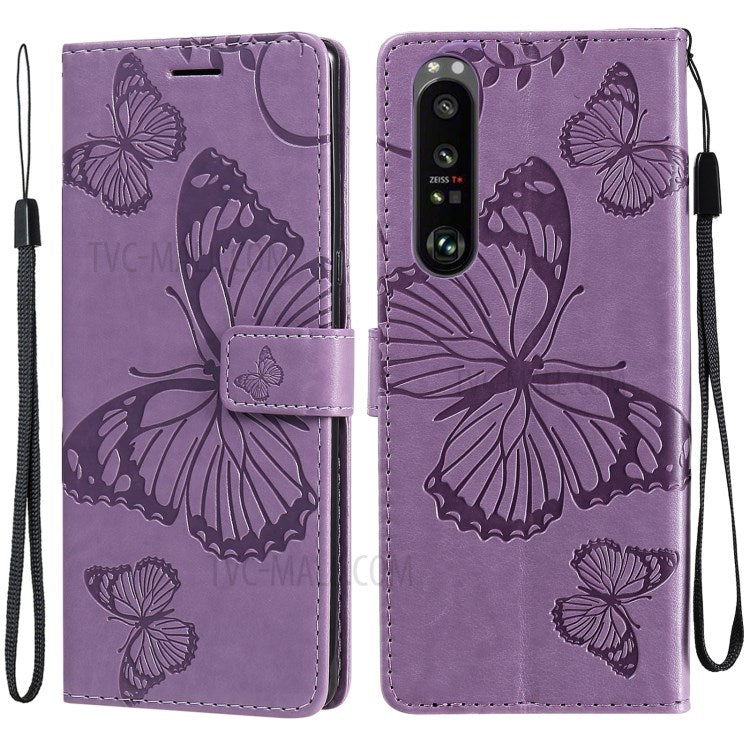Wallet Design KT Imprinting Flower Series-2 Butterflies Pattern Imprinting Leather Case with Stand for Sony Xperia 1 III 5G - Purple