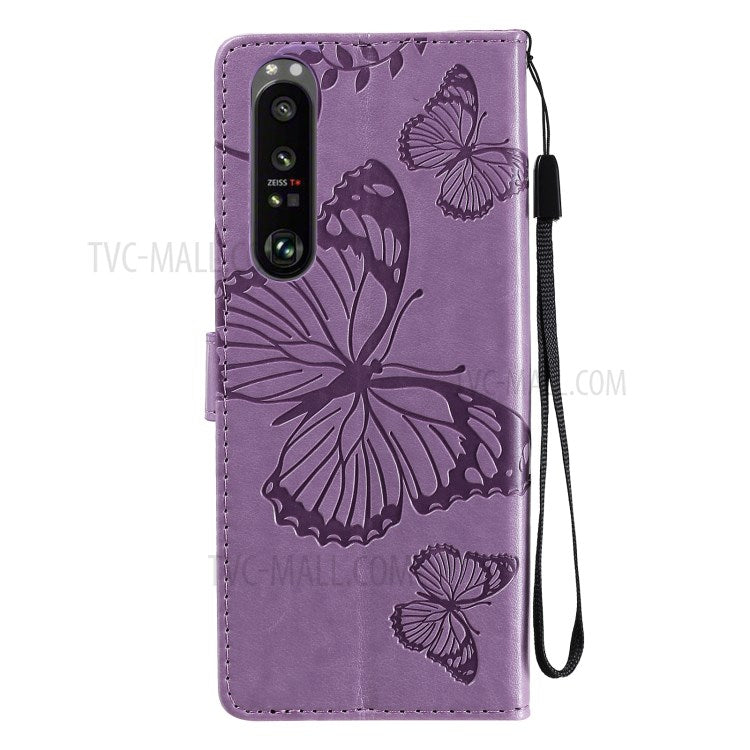 Wallet Design KT Imprinting Flower Series-2 Butterflies Pattern Imprinting Leather Case with Stand for Sony Xperia 1 III 5G - Purple