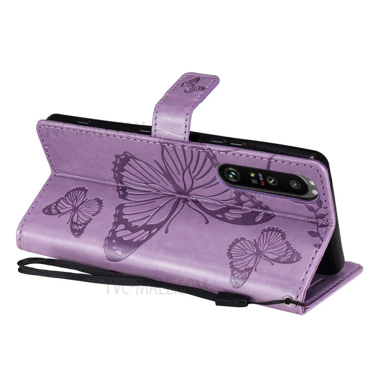 Wallet Design KT Imprinting Flower Series-2 Butterflies Pattern Imprinting Leather Case with Stand for Sony Xperia 1 III 5G - Purple
