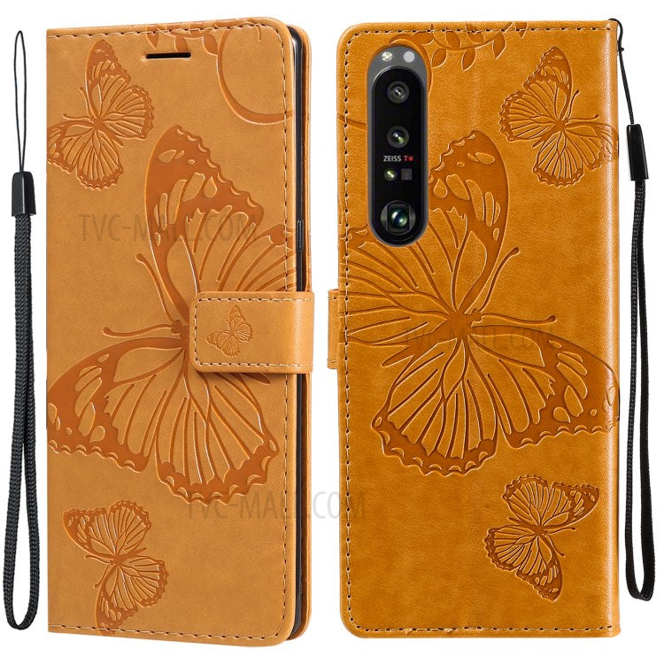 Wallet Design KT Imprinting Flower Series-2 Butterflies Pattern Imprinting Leather Case with Stand for Sony Xperia 1 III 5G - Yellow