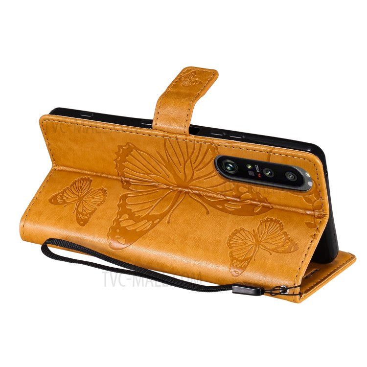 Wallet Design KT Imprinting Flower Series-2 Butterflies Pattern Imprinting Leather Case with Stand for Sony Xperia 1 III 5G - Yellow