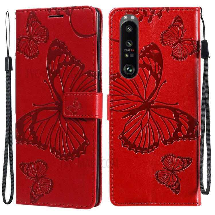 Wallet Design KT Imprinting Flower Series-2 Butterflies Pattern Imprinting Leather Case with Stand for Sony Xperia 1 III 5G - Red