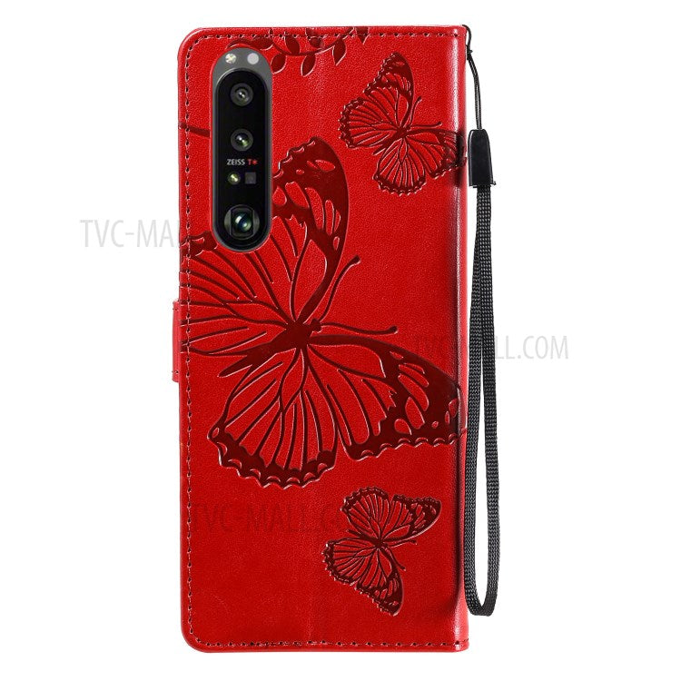 Wallet Design KT Imprinting Flower Series-2 Butterflies Pattern Imprinting Leather Case with Stand for Sony Xperia 1 III 5G - Red