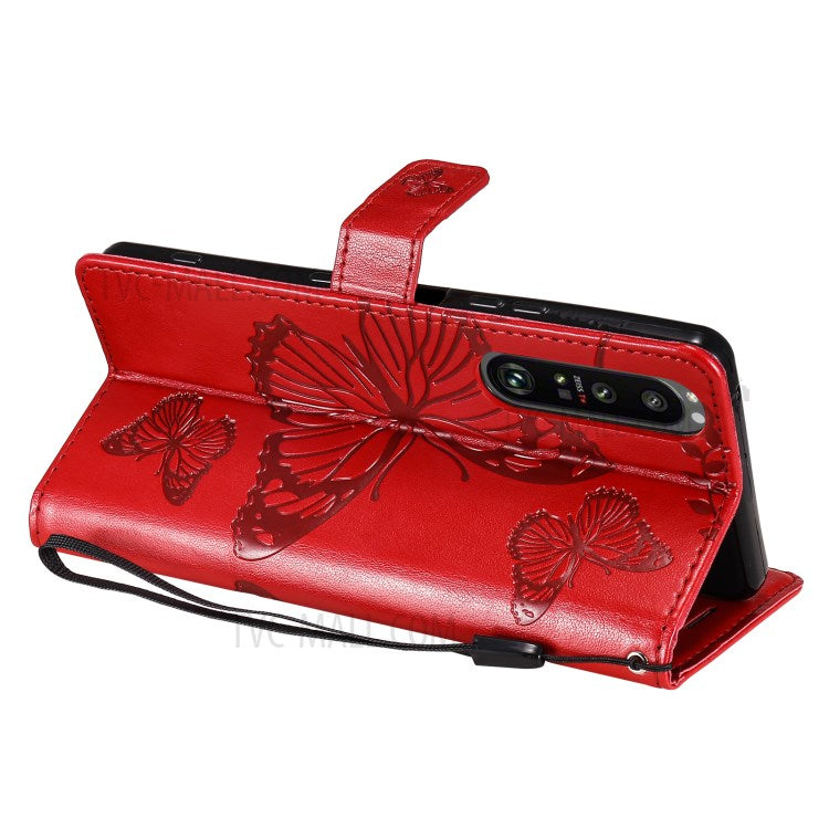 Wallet Design KT Imprinting Flower Series-2 Butterflies Pattern Imprinting Leather Case with Stand for Sony Xperia 1 III 5G - Red