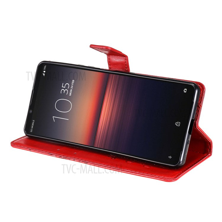Wallet Design KT Imprinting Flower Series-2 Butterflies Pattern Imprinting Leather Case with Stand for Sony Xperia 1 III 5G - Red
