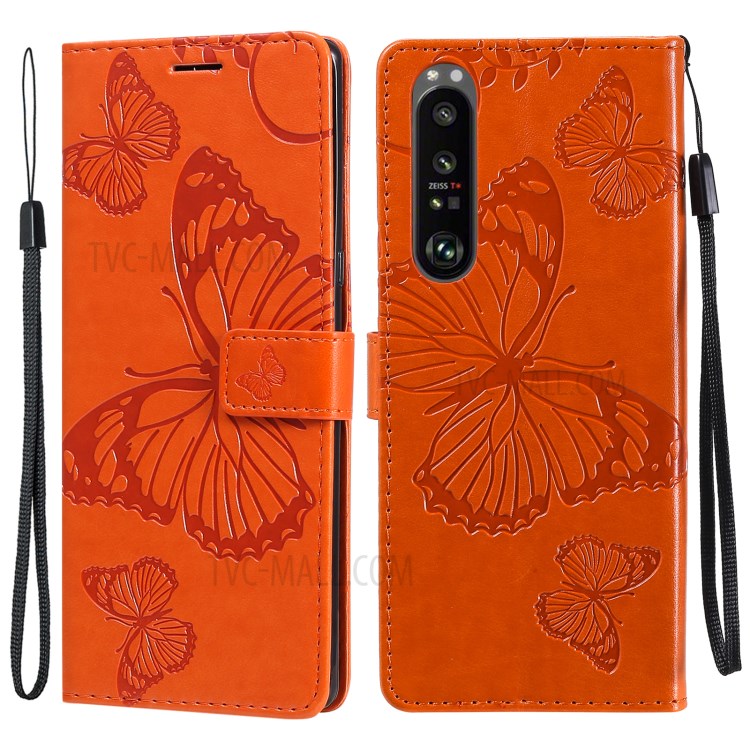 Wallet Design KT Imprinting Flower Series-2 Butterflies Pattern Imprinting Leather Case with Stand for Sony Xperia 1 III 5G - Orange
