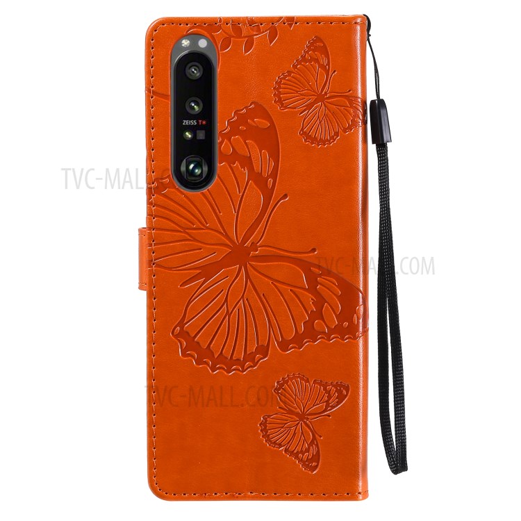 Wallet Design KT Imprinting Flower Series-2 Butterflies Pattern Imprinting Leather Case with Stand for Sony Xperia 1 III 5G - Orange