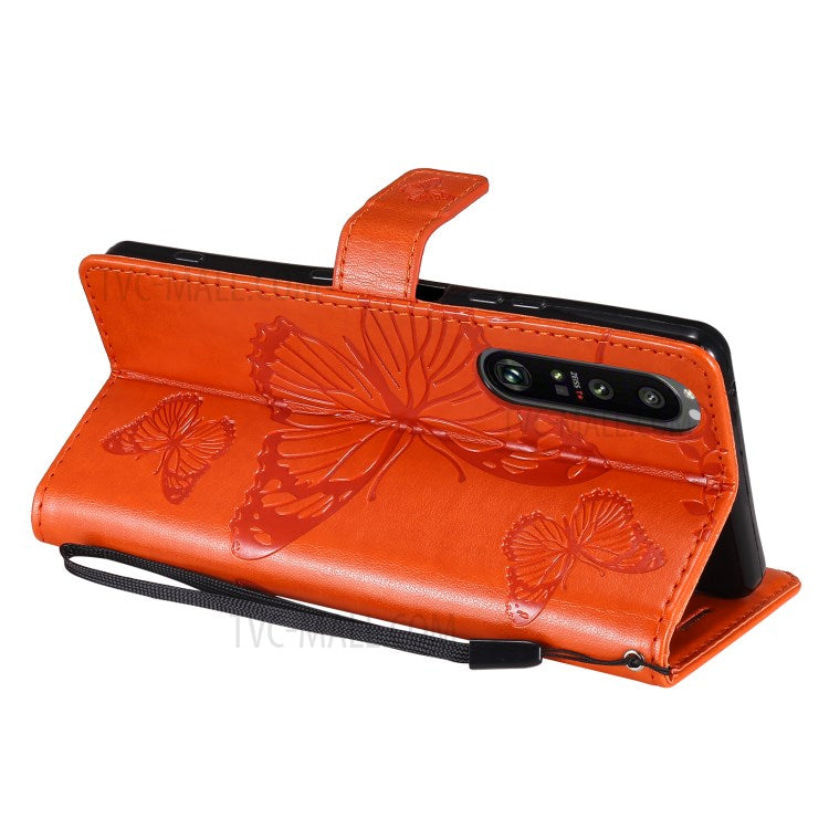Wallet Design KT Imprinting Flower Series-2 Butterflies Pattern Imprinting Leather Case with Stand for Sony Xperia 1 III 5G - Orange