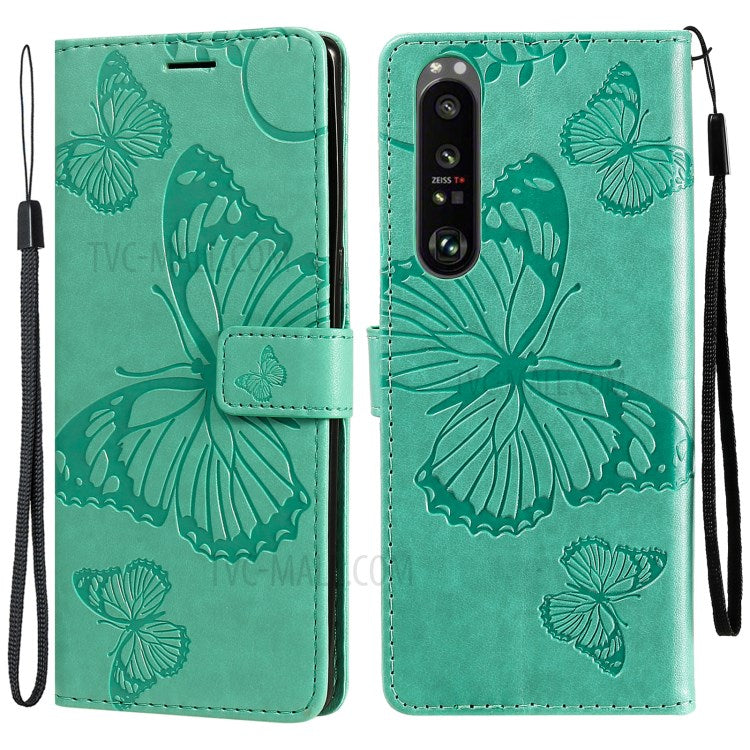Wallet Design KT Imprinting Flower Series-2 Butterflies Pattern Imprinting Leather Case with Stand for Sony Xperia 1 III 5G - Green