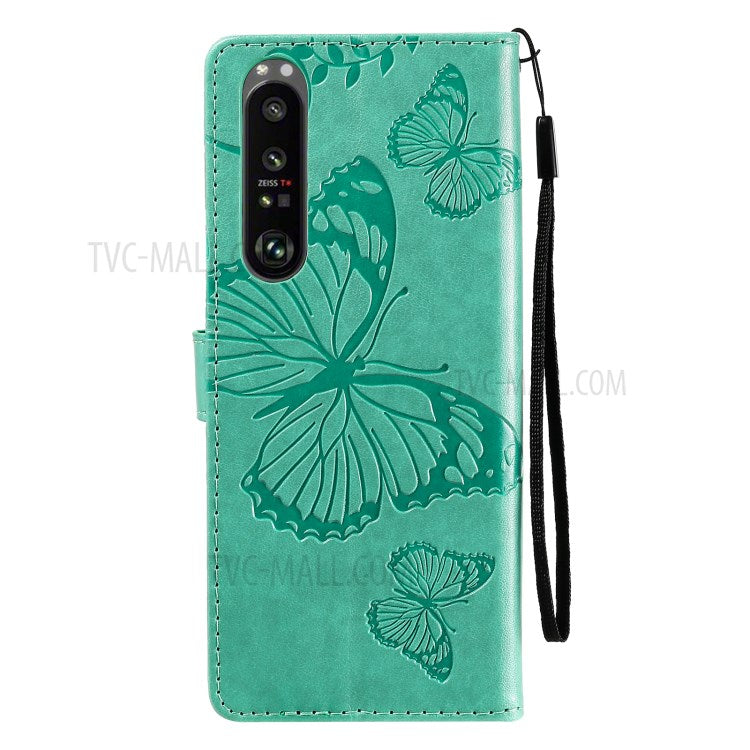 Wallet Design KT Imprinting Flower Series-2 Butterflies Pattern Imprinting Leather Case with Stand for Sony Xperia 1 III 5G - Green