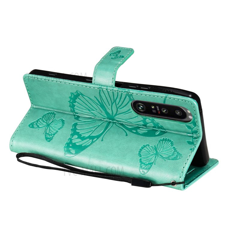 Wallet Design KT Imprinting Flower Series-2 Butterflies Pattern Imprinting Leather Case with Stand for Sony Xperia 1 III 5G - Green