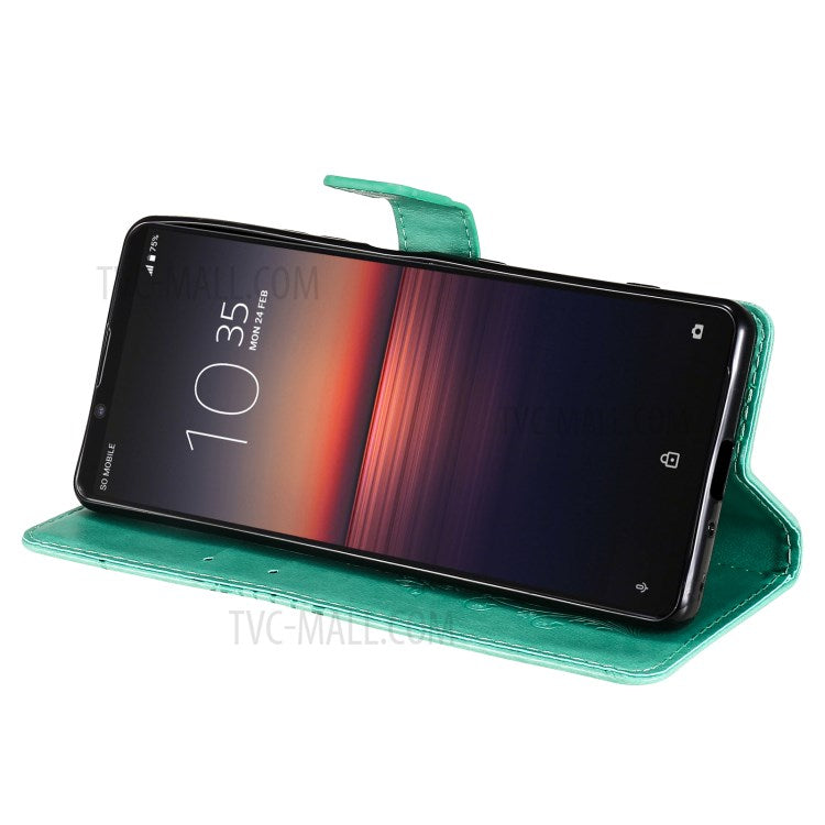 Wallet Design KT Imprinting Flower Series-2 Butterflies Pattern Imprinting Leather Case with Stand for Sony Xperia 1 III 5G - Green