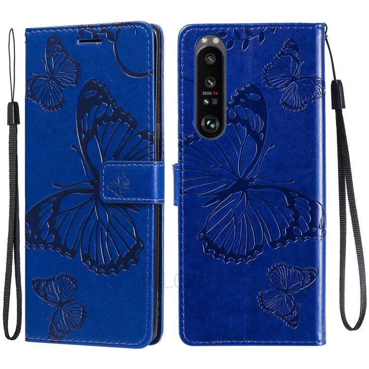 Wallet Design KT Imprinting Flower Series-2 Butterflies Pattern Imprinting Leather Case with Stand for Sony Xperia 1 III 5G - Blue