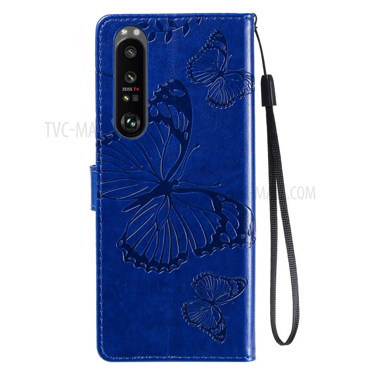 Wallet Design KT Imprinting Flower Series-2 Butterflies Pattern Imprinting Leather Case with Stand for Sony Xperia 1 III 5G - Blue