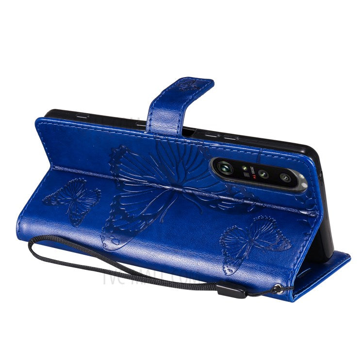 Wallet Design KT Imprinting Flower Series-2 Butterflies Pattern Imprinting Leather Case with Stand for Sony Xperia 1 III 5G - Blue