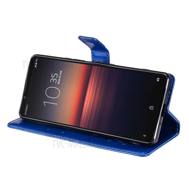 Wallet Design KT Imprinting Flower Series-2 Butterflies Pattern Imprinting Leather Case with Stand for Sony Xperia 1 III 5G - Blue