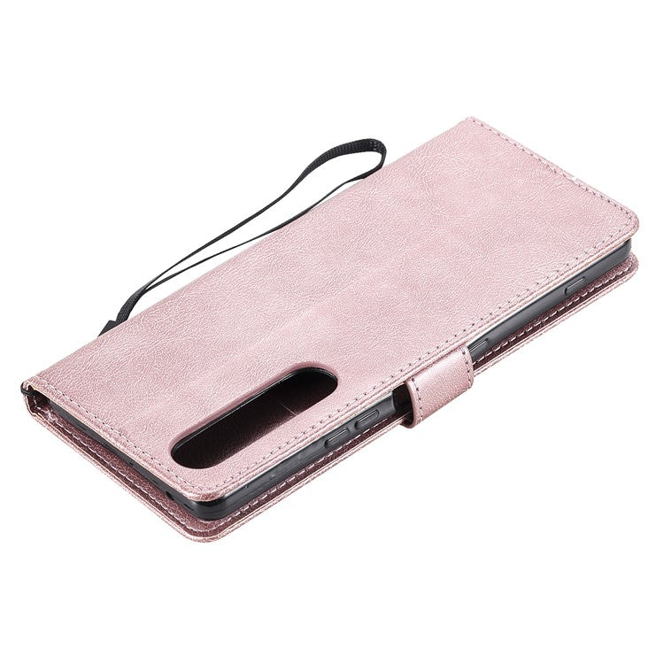 KT Leather Series-2 Wallet Stand Leather Phone Cover with Strap Casing for Sony Xperia 1 III 5G - Rose Gold