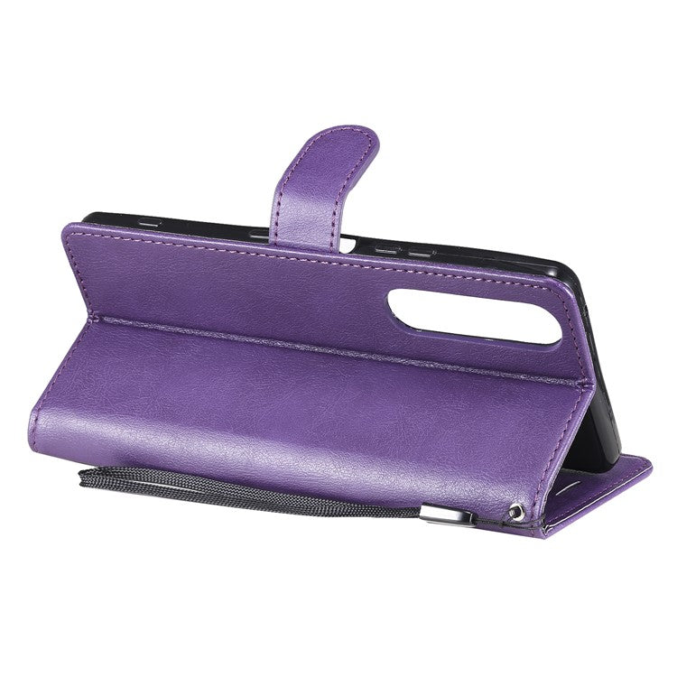 KT Leather Series-2 Wallet Stand Leather Phone Cover with Strap Casing for Sony Xperia 1 III 5G - Purple