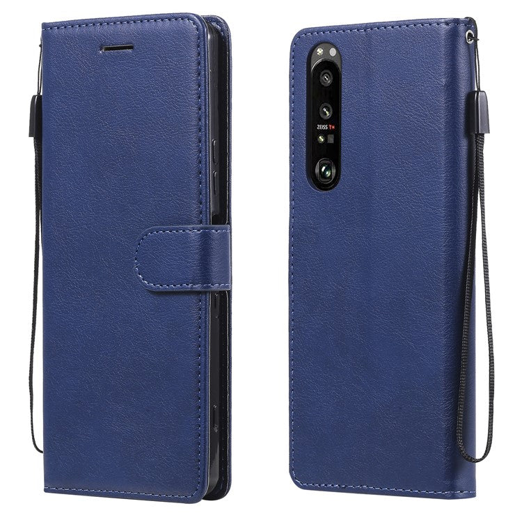 KT Leather Series-2 Wallet Stand Leather Phone Cover with Strap Casing for Sony Xperia 1 III 5G - Blue