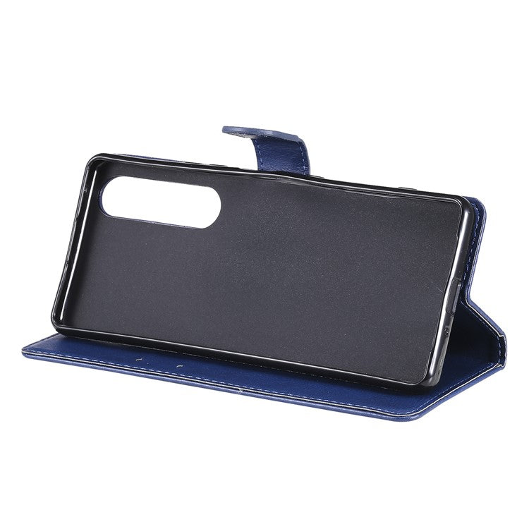 KT Leather Series-2 Wallet Stand Leather Phone Cover with Strap Casing for Sony Xperia 1 III 5G - Blue
