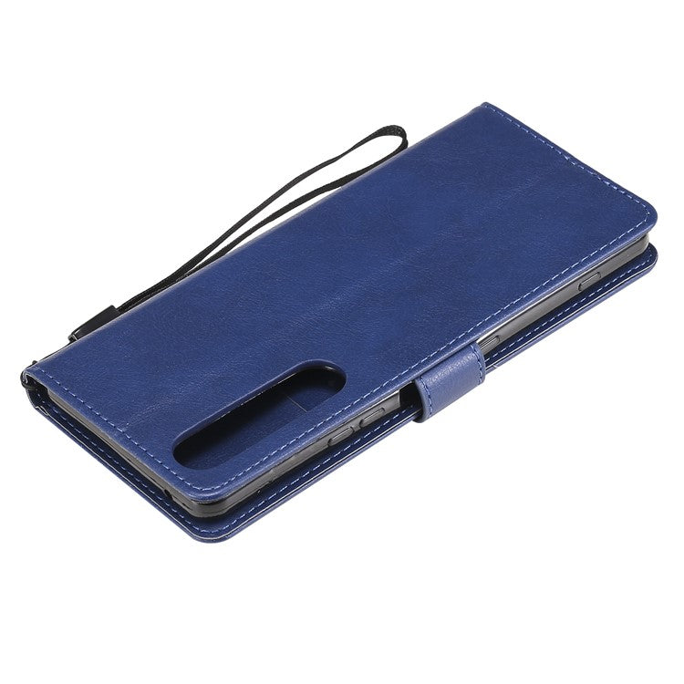 KT Leather Series-2 Wallet Stand Leather Phone Cover with Strap Casing for Sony Xperia 1 III 5G - Blue