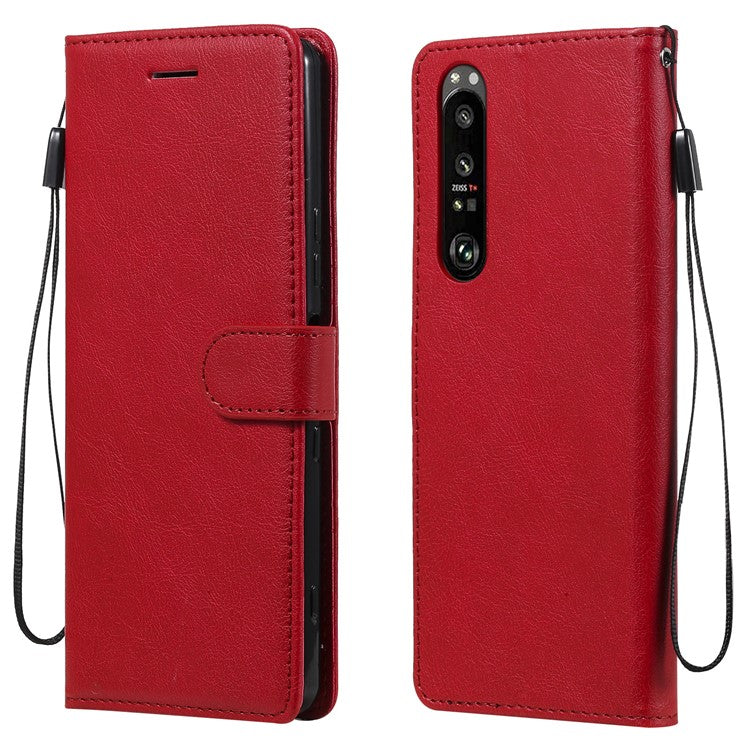 KT Leather Series-2 Wallet Stand Leather Phone Cover with Strap Casing for Sony Xperia 1 III 5G - Red