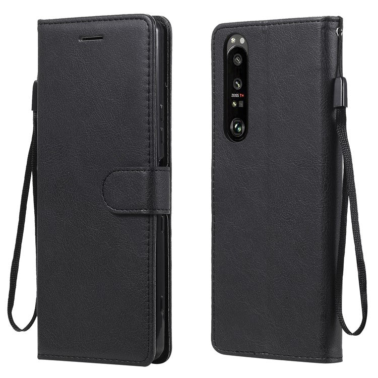 KT Leather Series-2 Wallet Stand Leather Phone Cover with Strap Casing for Sony Xperia 1 III 5G - Black