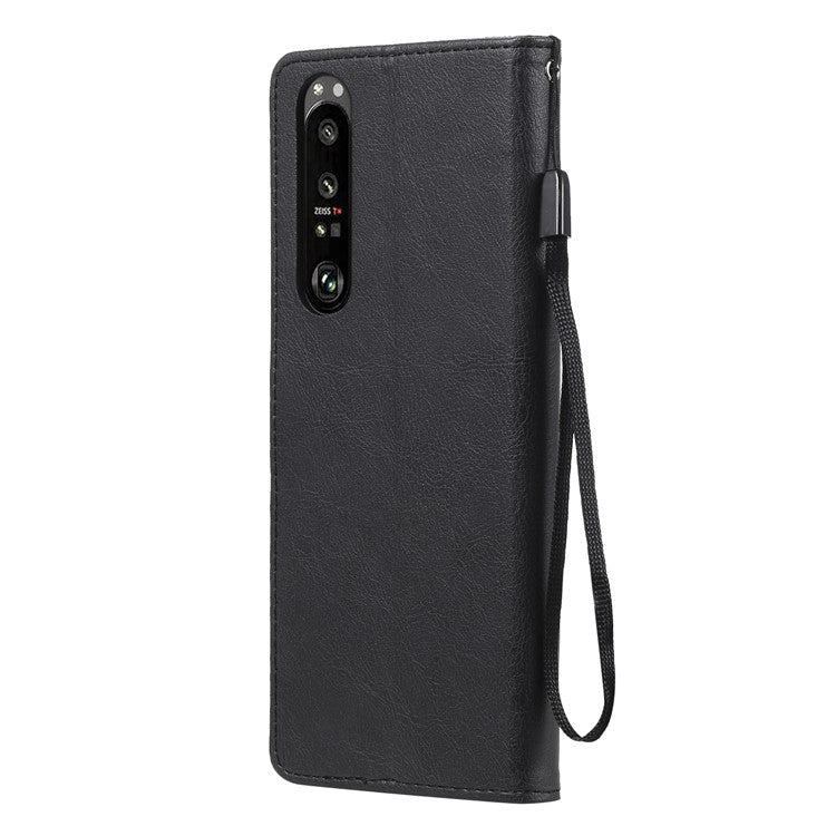 KT Leather Series-2 Wallet Stand Leather Phone Cover with Strap Casing for Sony Xperia 1 III 5G - Black