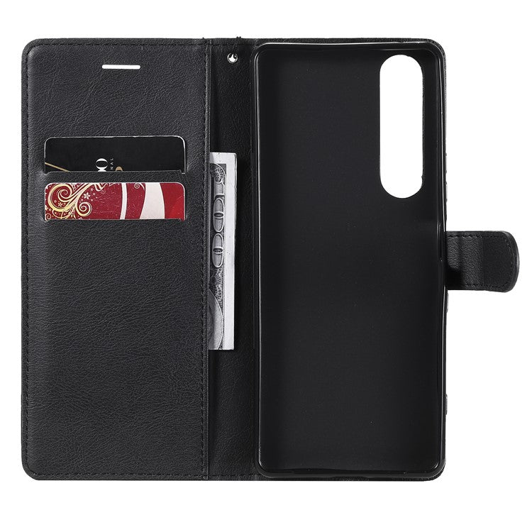 KT Leather Series-2 Wallet Stand Leather Phone Cover with Strap Casing for Sony Xperia 1 III 5G - Black