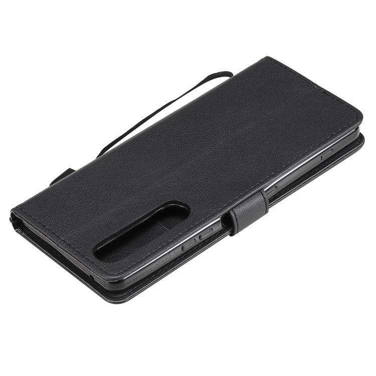 KT Leather Series-2 Wallet Stand Leather Phone Cover with Strap Casing for Sony Xperia 1 III 5G - Black