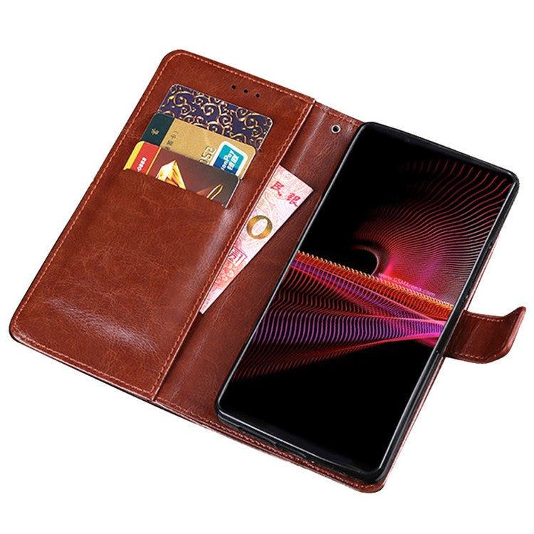 IDEWEI Crazy Horse Texture Stand Wallet Design Folio Flip Leather Phone Shell Case for Sony Xperia 1 III 5G - Yellow