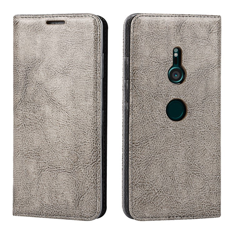 Genuine Leather Crazy Horse Texture Wallet Stand Phone Case Cover for Sony Xperia XZ3 - Grey