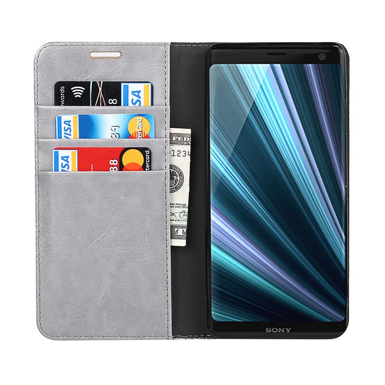 Genuine Leather Crazy Horse Texture Wallet Stand Phone Case Cover for Sony Xperia XZ3 - Grey