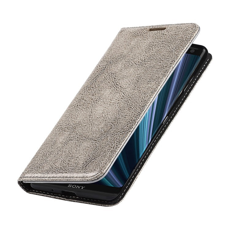 Genuine Leather Crazy Horse Texture Wallet Stand Phone Case Cover for Sony Xperia XZ3 - Grey