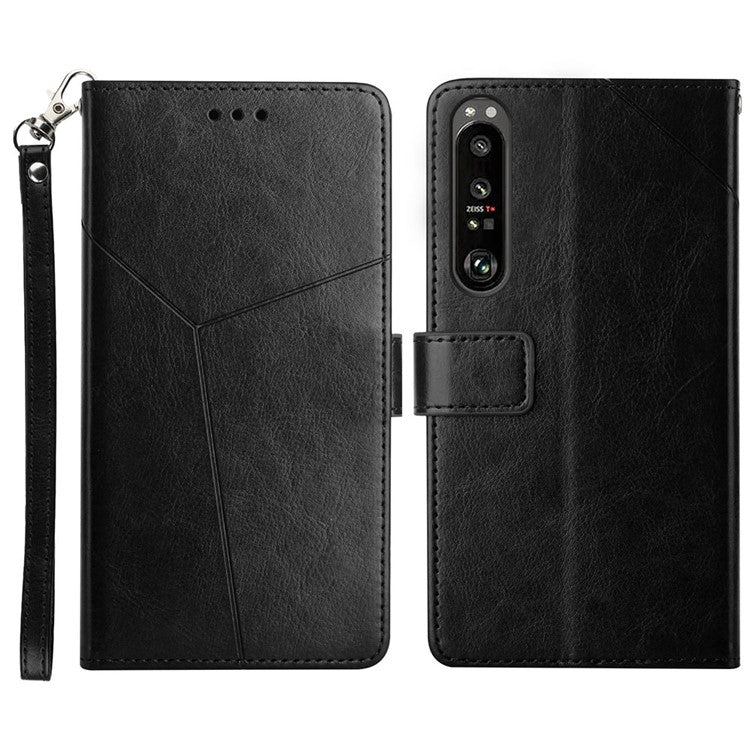 For Sony Xperia 1 III 5G Y-shaped Line Imprinting Shock-absorbed PU Leather Phone Wallet Shell Stand Cover - Black
