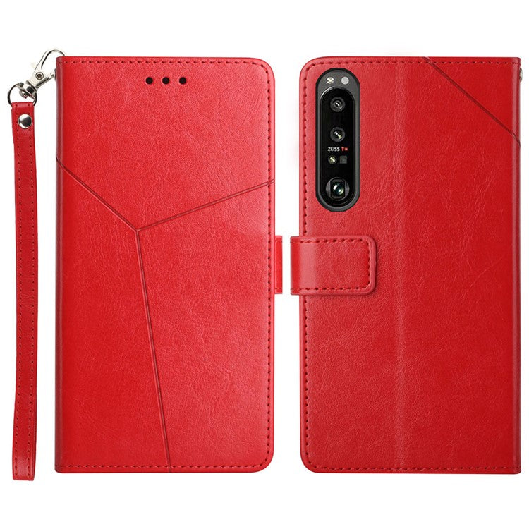 For Sony Xperia 1 III 5G Y-shaped Line Imprinting Shock-absorbed PU Leather Phone Wallet Shell Stand Cover - Red