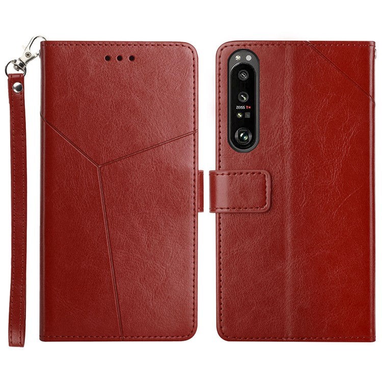 For Sony Xperia 1 III 5G Y-shaped Line Imprinting Shock-absorbed PU Leather Phone Wallet Shell Stand Cover - Wine Red