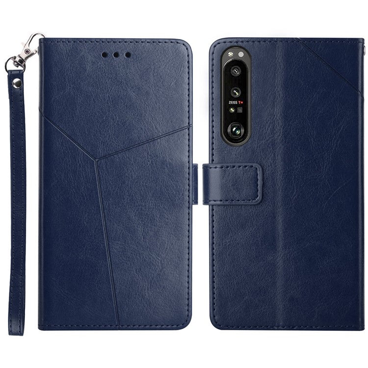 For Sony Xperia 1 III 5G Y-shaped Line Imprinting Shock-absorbed PU Leather Phone Wallet Shell Stand Cover - Blue