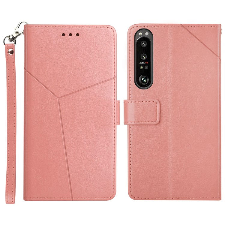 For Sony Xperia 1 III 5G Y-shaped Line Imprinting Shock-absorbed PU Leather Phone Wallet Shell Stand Cover - Pink