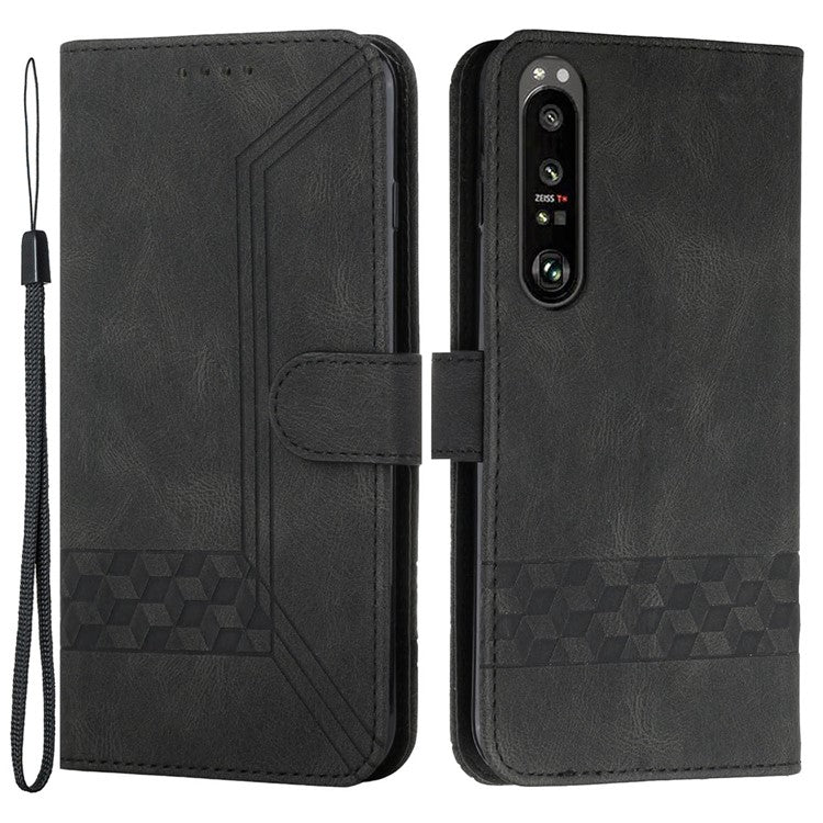 YX0010 Rhombus Lines Imprinting Skin-touch Feel Leather Stand Case Cover with Card Slots and Cash Pocket for Sony Xperia 1 III 5G - Black